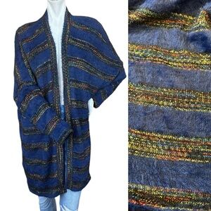 ModCloth Navy Blue & Rainbow Striped Fuzzy Long Sleeve Cardigan Sweater Size 3X
